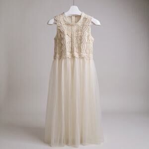 Girls Vintage Boho Lace Tool MIDI Dress Sheer 7/8 Cream